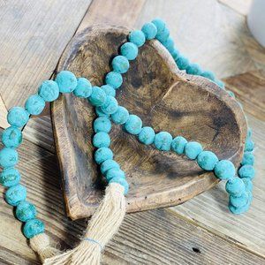 LAST ONE Distressed Wood Bead Tasseled Garland-Turquoise